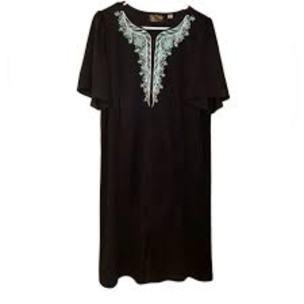 Bob Mackie Wearable Art Embroidered Short Sleeve Caftan in Black/Multi - Size L
